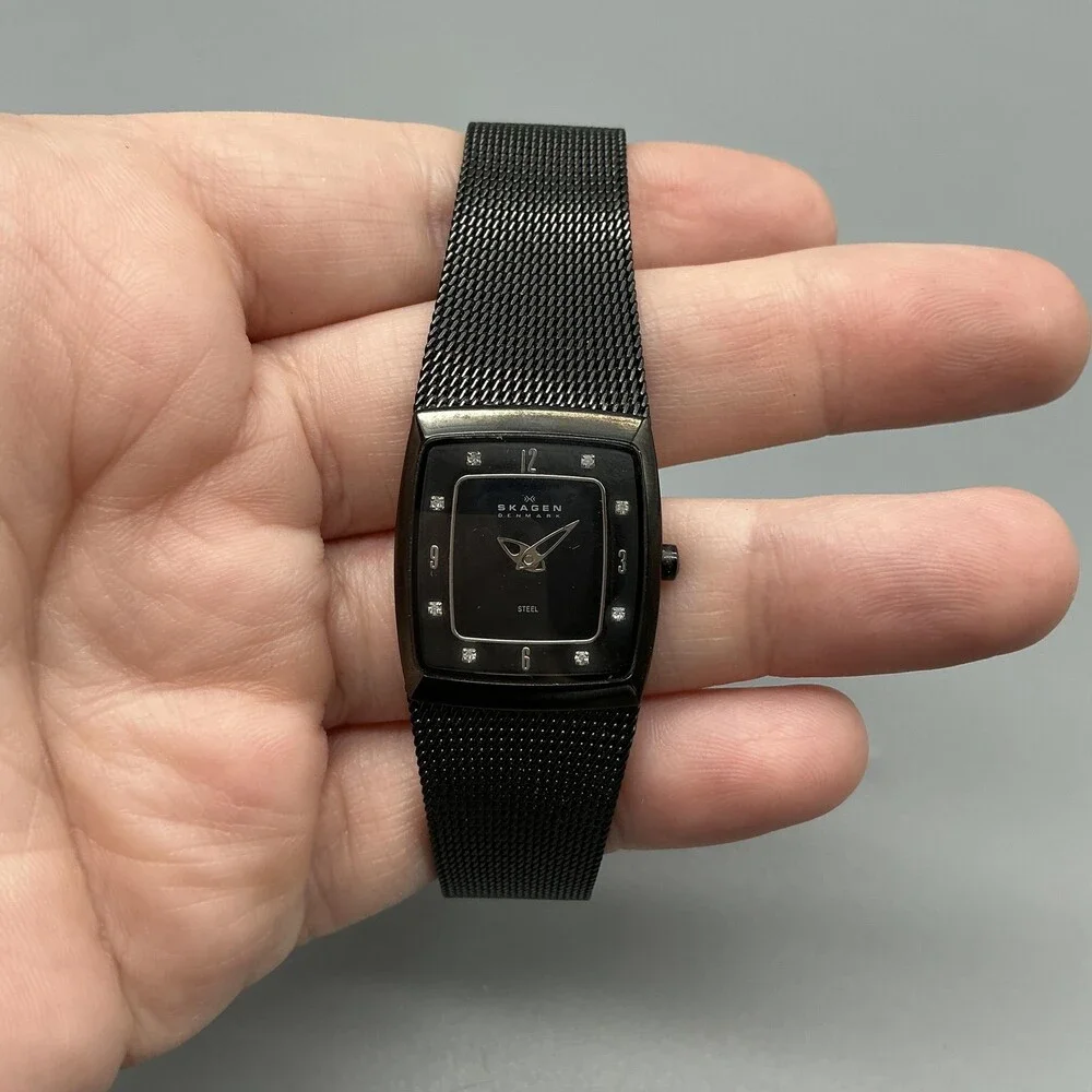 Skagen Womens Watch 21mm Black Dial Crystals Mesh Bracelet Steel New Battery
